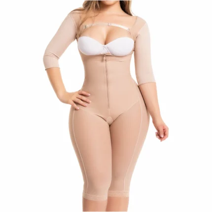 Fajas Salome 0525 | Post Surgery Bodysuit Full Body Shaper for Women | Tummy Control Butt Lifter Knee Length Shapewear with Sleeves | Powernet